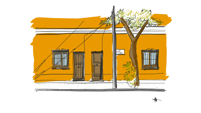 Dibujo en croquis a mano alzada de la fachada de la ex casa de Gabriela Mistral. La pared es de color damasco y se observa una placa al lado izquierdo de la puerta de calle.