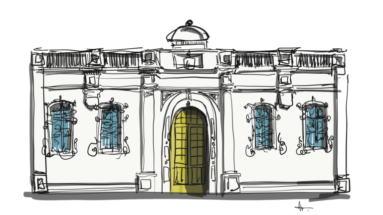 Dibujo en formato croquis a mano alzada de la fachada de la ex Gota de Leche, en tonos blanco, negro y gris, las ventanas en azul y la puerta en amarillo.