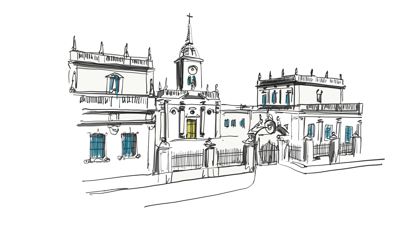 Dibujo en formato croquis a mano alzada del frontis de la Iglesia Santa Lucrecia, con colores gris, blanco y negro, ventanas azules y puerta principal amarilla.