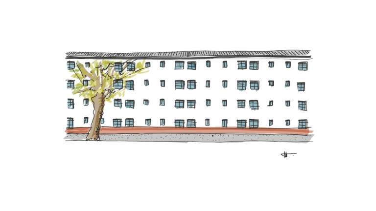 Croquis dibujado a mano alzada de un edificio de departamentos de la Población Huemul II. La construcción tiene 4 pisos y las paredes son de color beige con detalles azules en las ventanas y un árbol a la izquierda del edificio.