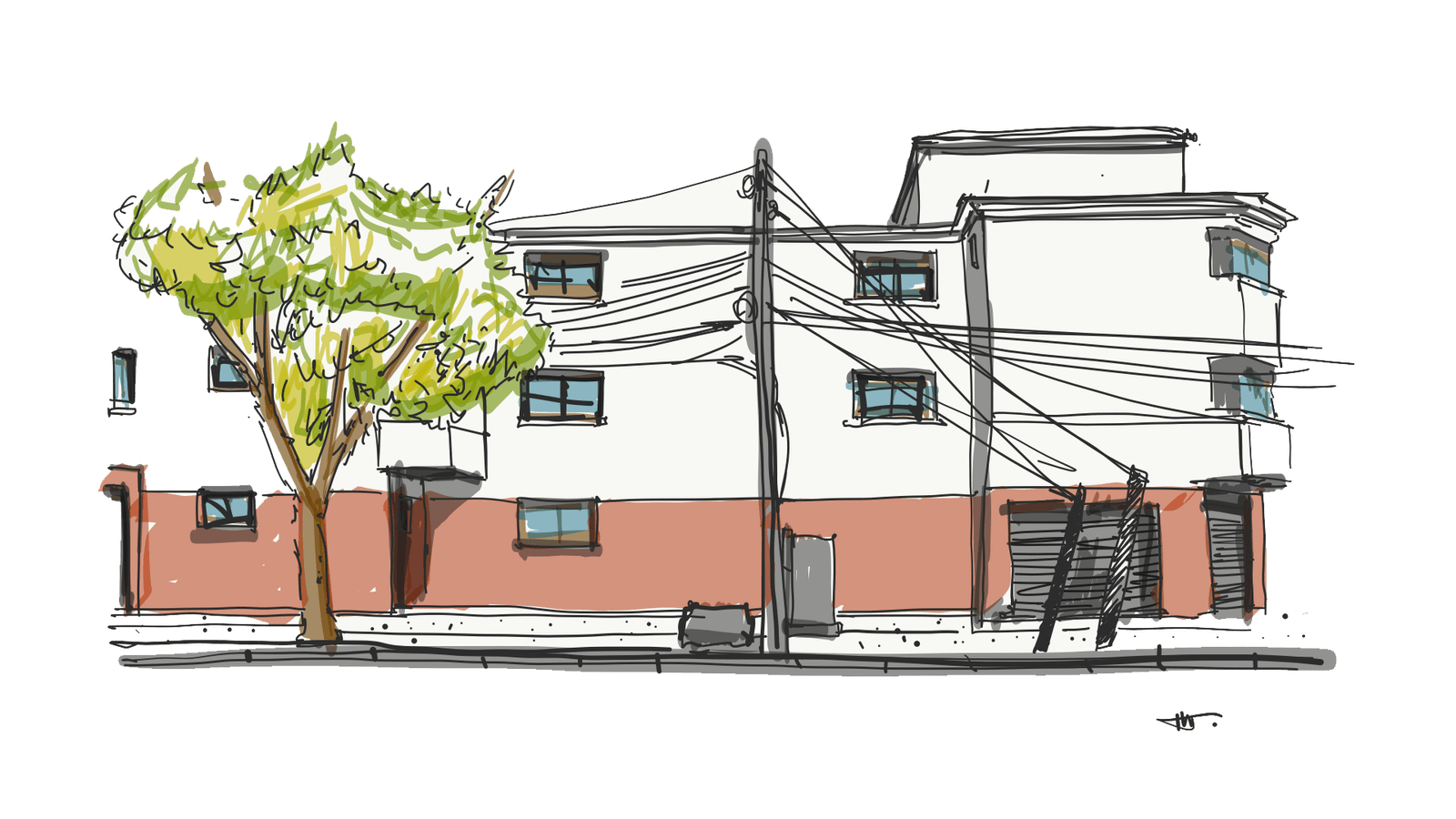 Dibujo en formato croquis de la fachada lateral de uno de los edificios de la Población Huemul. Sud paredes tienen color rojo en el primer piso y beige en el segundo y tercer piso. Se observa un árbol a la izquierda del edificio.