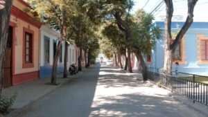 Fotografía en colores de Calle Los Algarrobos, en ambos costados se encuentran casas pareadas de un piso y árboles a lo largo de la vereda. Al final de la calle se encuentra la iglesia Santa Lucrecia.