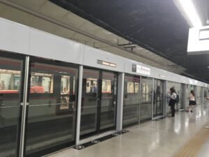 Fotografía en colores del andén de la estación de metro Franklin, correspondiente a la línea 6. Se observa un par de personas que esperan la llegada del vagón. Se observa una contención de vidrio y metal con puertas corredizas a la orilla del andén. En el fondo se un tren pasando por el frente.