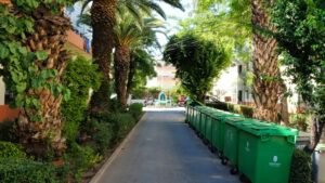 Fotografía en colores de pasillo interior de la población Huemul II en la actualidad. Se observan plantas, árboles y palmeras a los costados. Al costado derecho hay contenedores de basura. Al fondo del pasillo se observa la gruta de una virgen.