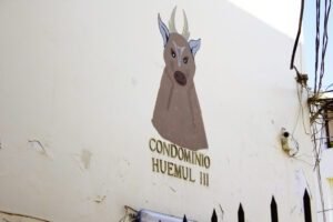 Imagen en colores de un detalle en la entrada a los edificios de la Población Huemul III en la actualidad. Se ve la imagen de un huemul café y bajo el dibujo se lee: Condominio Huemul III. La pared es beige.